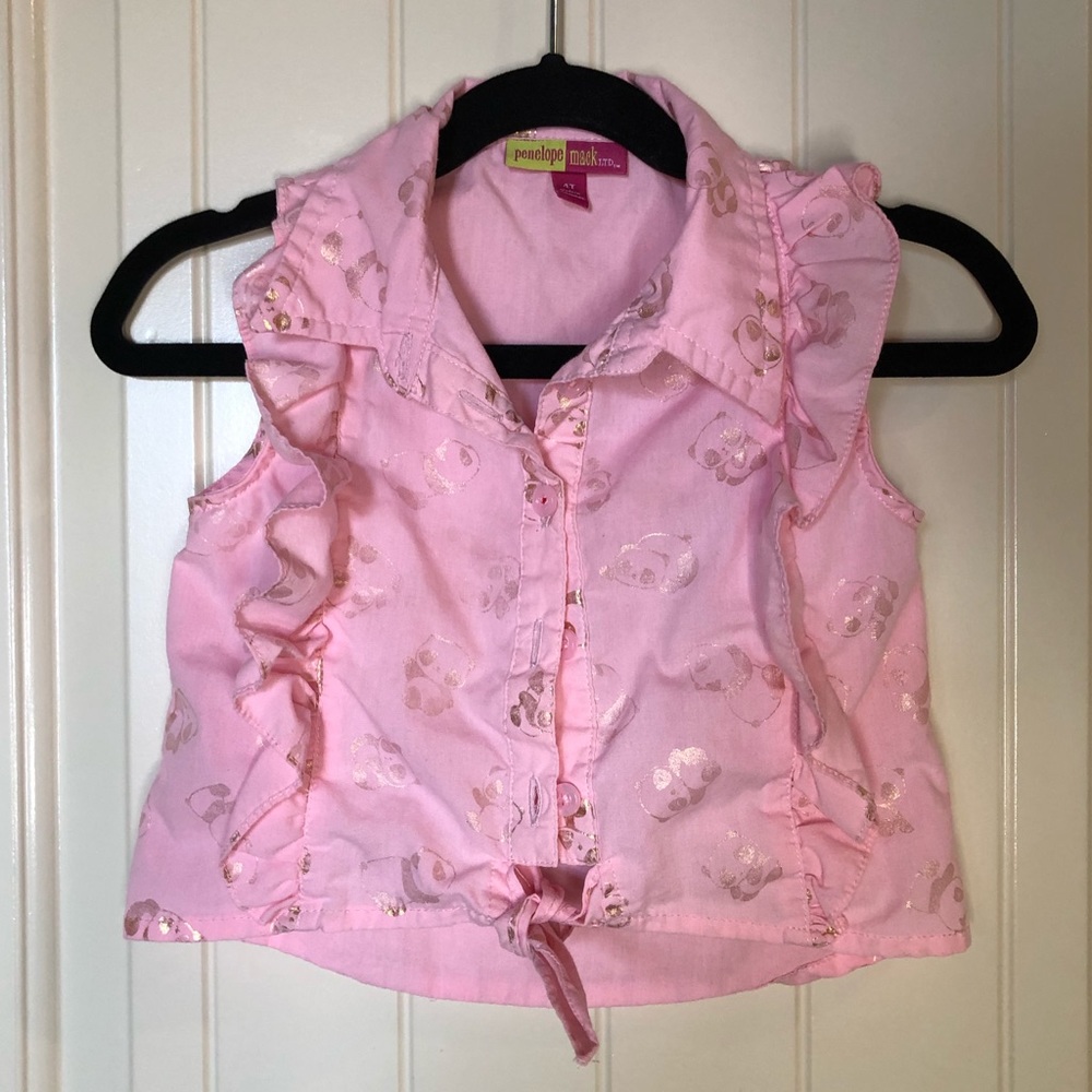 2/15$ Girls Pink panda tie front shirt.